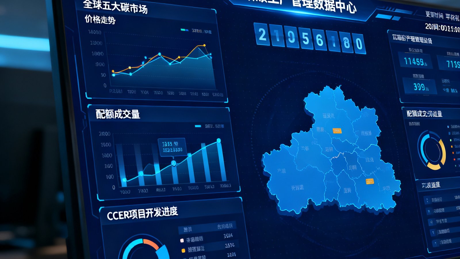 碳资产管理数据中心大屏幕上，实时跳动着全球五大碳市场的价格走势、配额成交量和CCER项目开发进度。